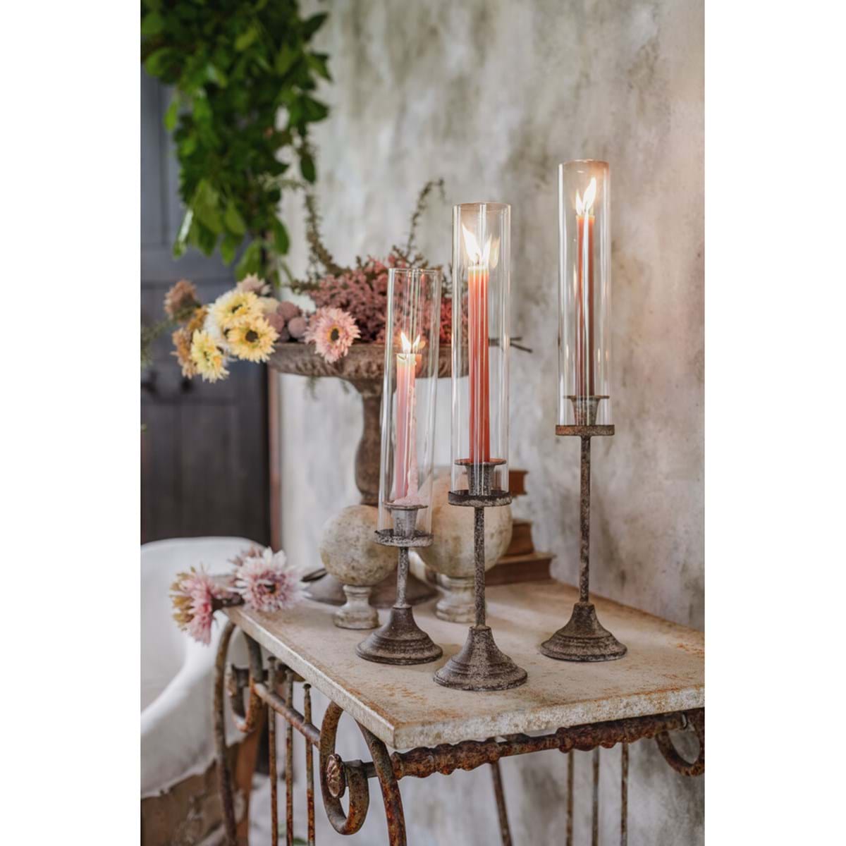 Portacandele piccolo serie Memoriae Blanc MariClo metallo brunito e vetro 42 cm