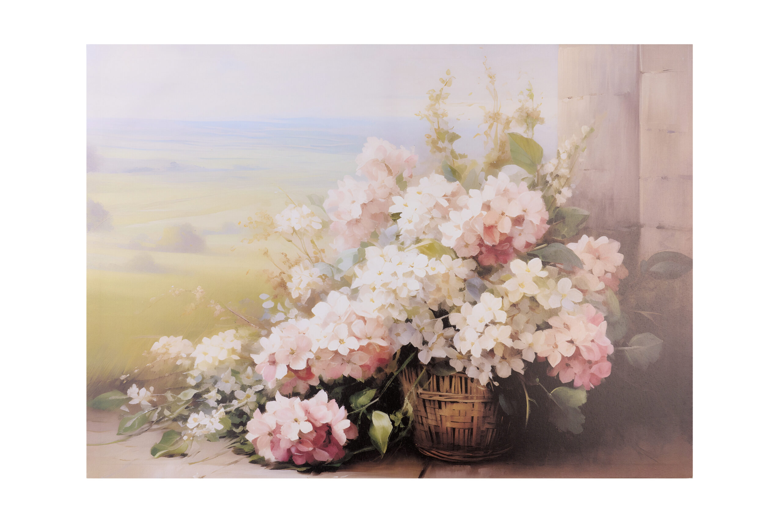 Quadro su tela canvas con stampa di un cesto intrecciato con fiori bianchi e rosa su sfondo luminoso, collezione Fiorirà Nuvole di Stoffa.
