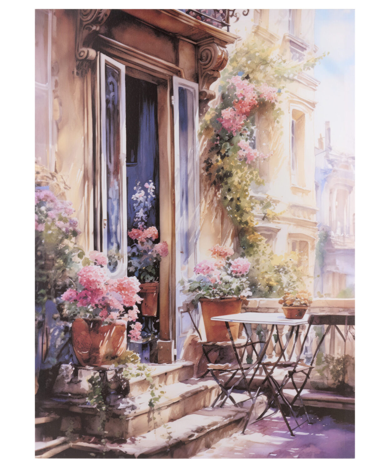 Quadro su tela con stampa acquerello di un balcone fiorito con tavolino e vasi di fiori rosa collezione Fiorirà