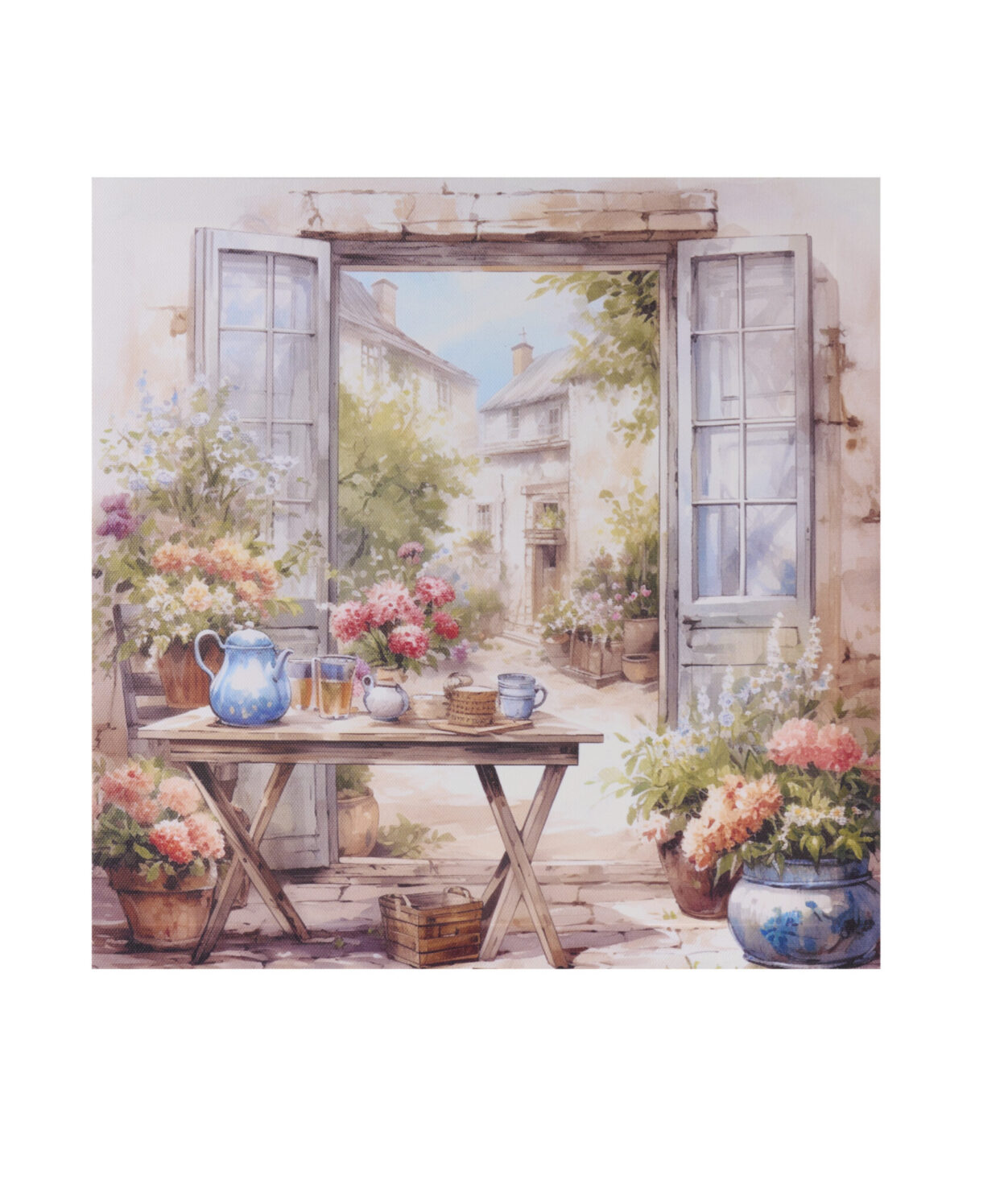 Tela canvas quadrata con stampa di tavolino imbandito, teiera blu e vasi di fiori rosa collezione Fiorirà.