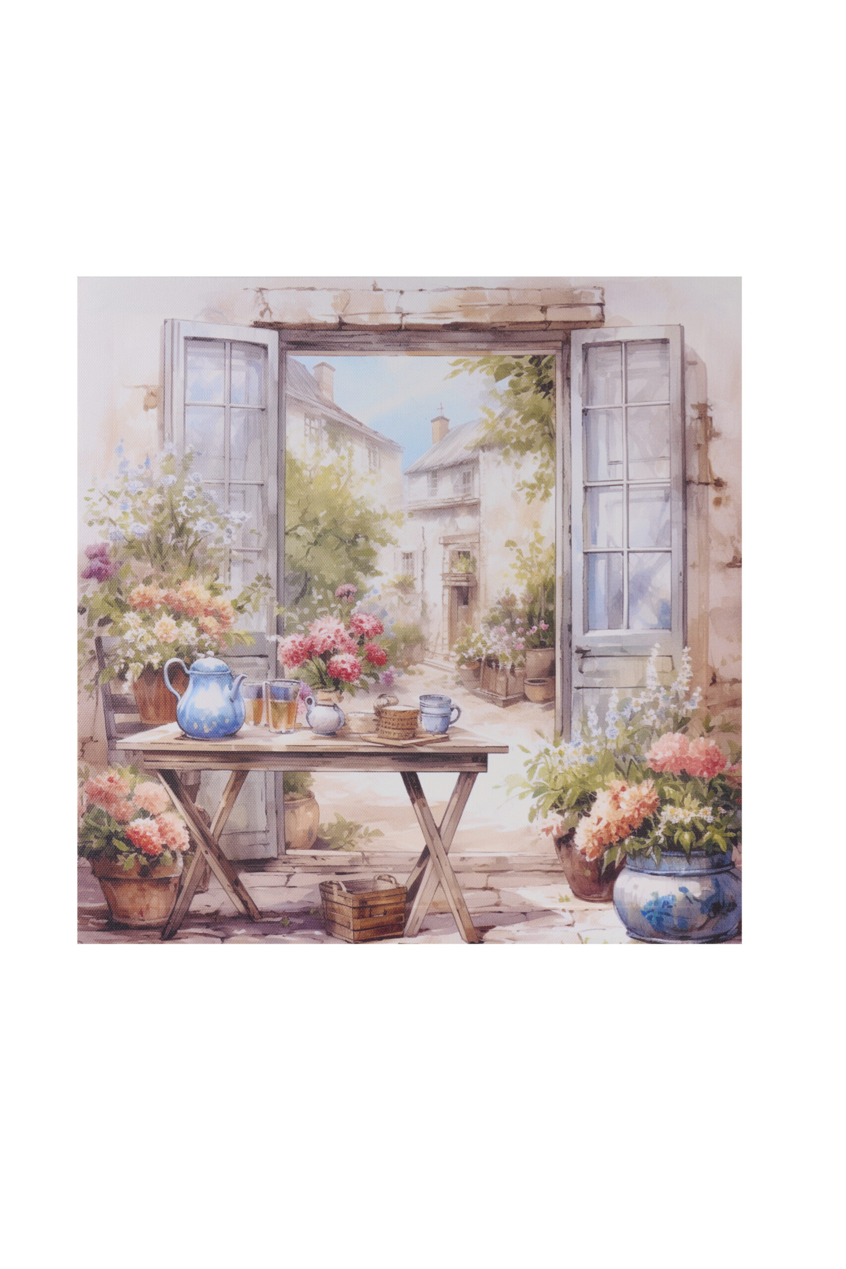 Tela canvas quadrata con stampa di tavolino imbandito, teiera blu e vasi di fiori rosa collezione Fiorirà.