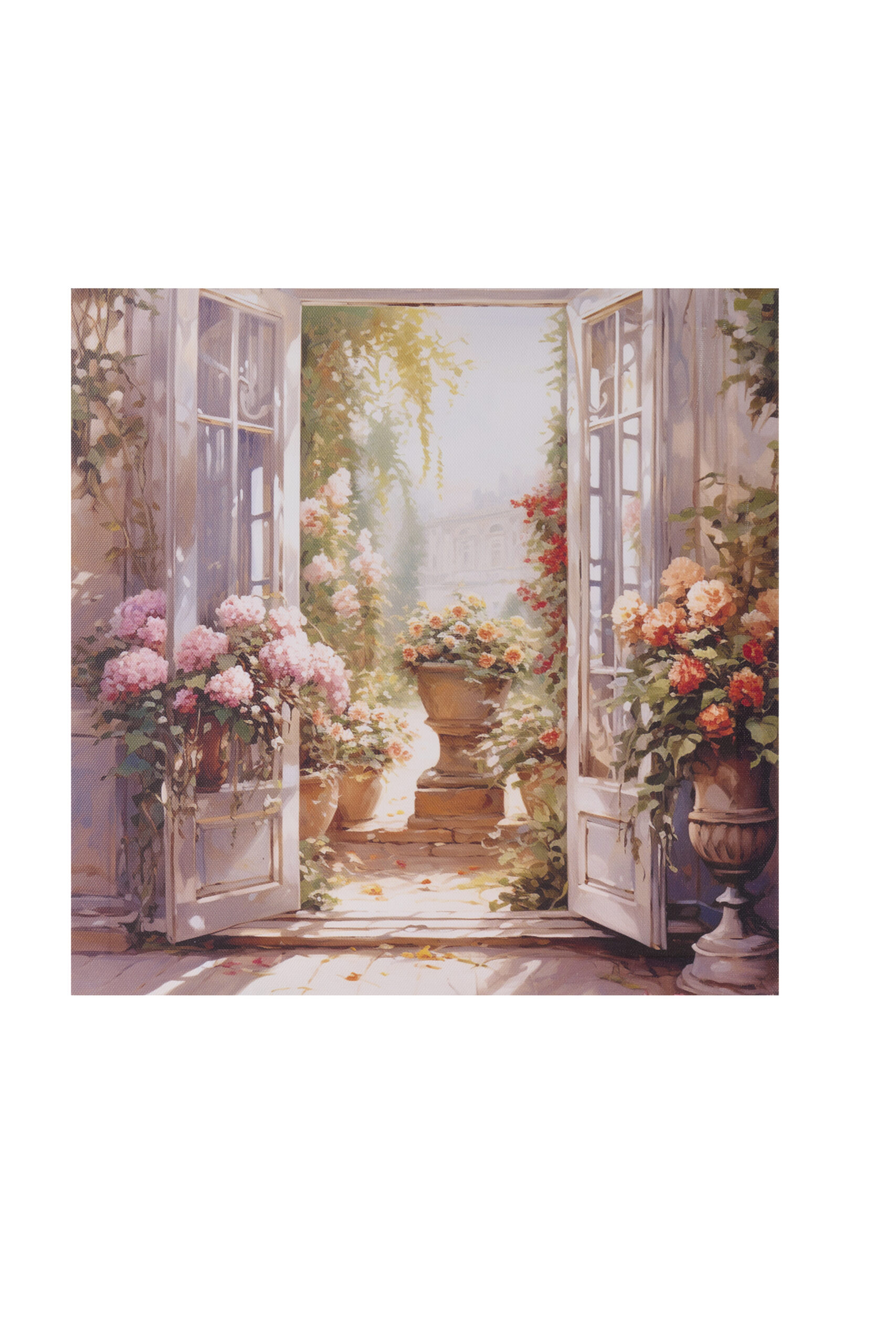 Quadro canvas con stampa di porticato fiorito e vasi monumentali di fiori rosa collezione Fiorirà Nuvole di Stoffa.