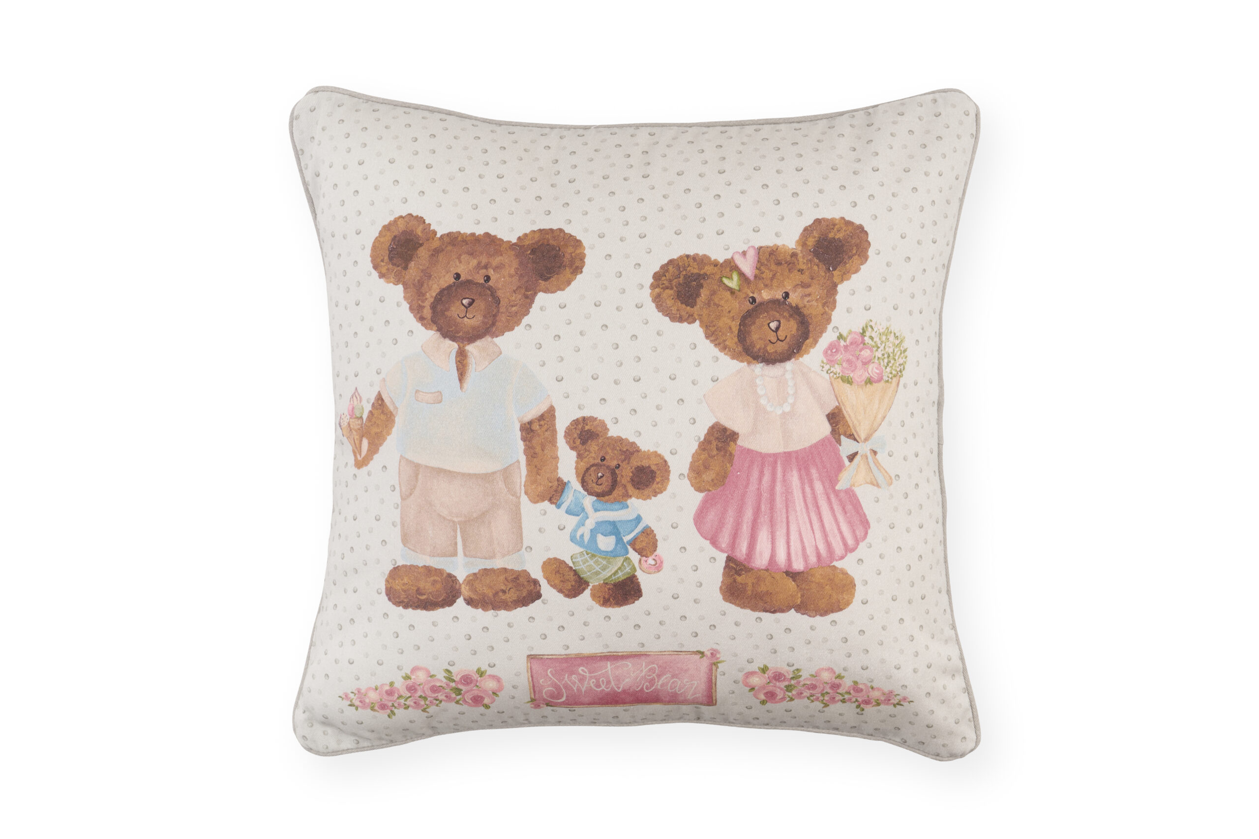 Completa il tuo arredo con i cuscini 40x40 Sweet Bear di Nuvole di Stoffa. Due grafiche dolcissime con orsetti e rose, design double-face e stile Shabby.