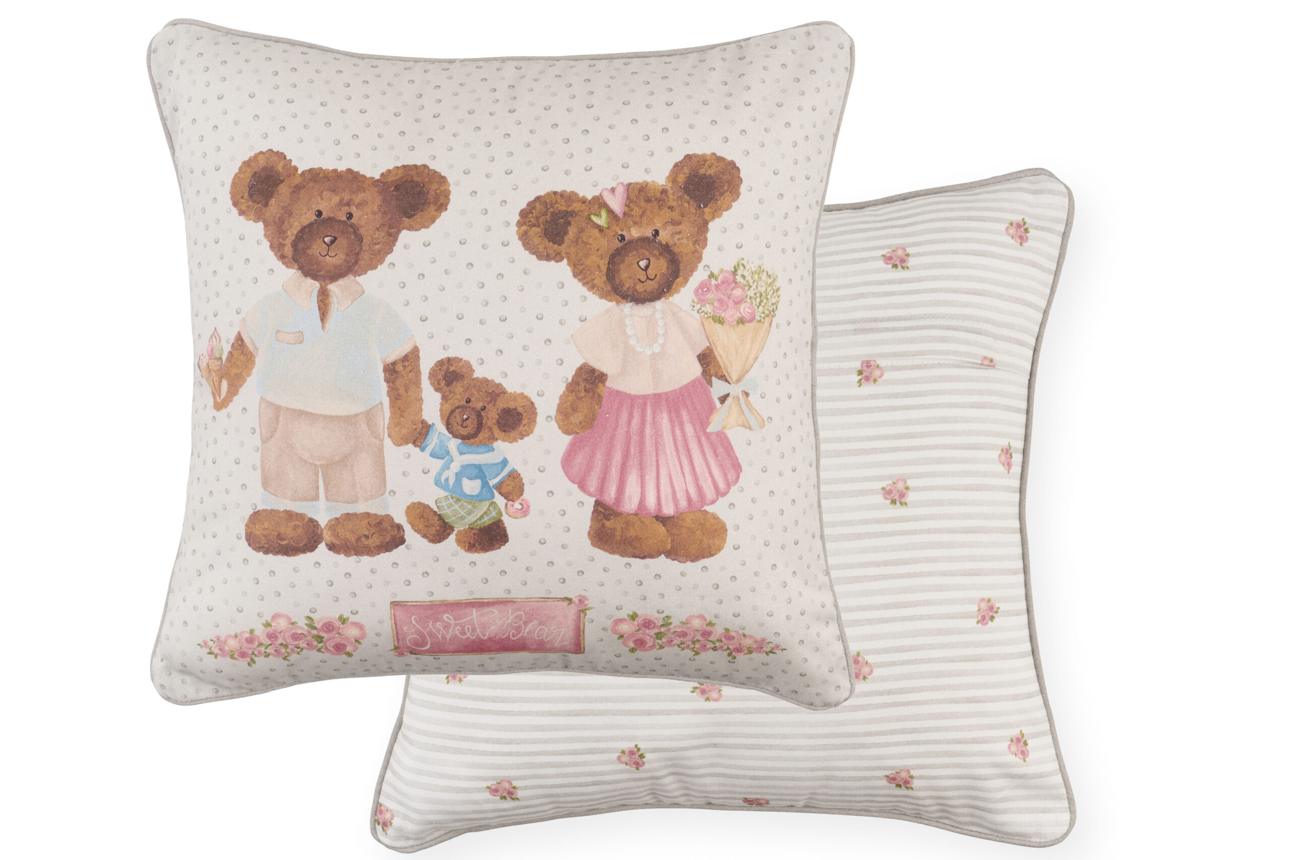 Completa il tuo arredo con i cuscini 40x40 Sweet Bear di Nuvole di Stoffa. Due grafiche dolcissime con orsetti e rose, design double-face e stile Shabby.