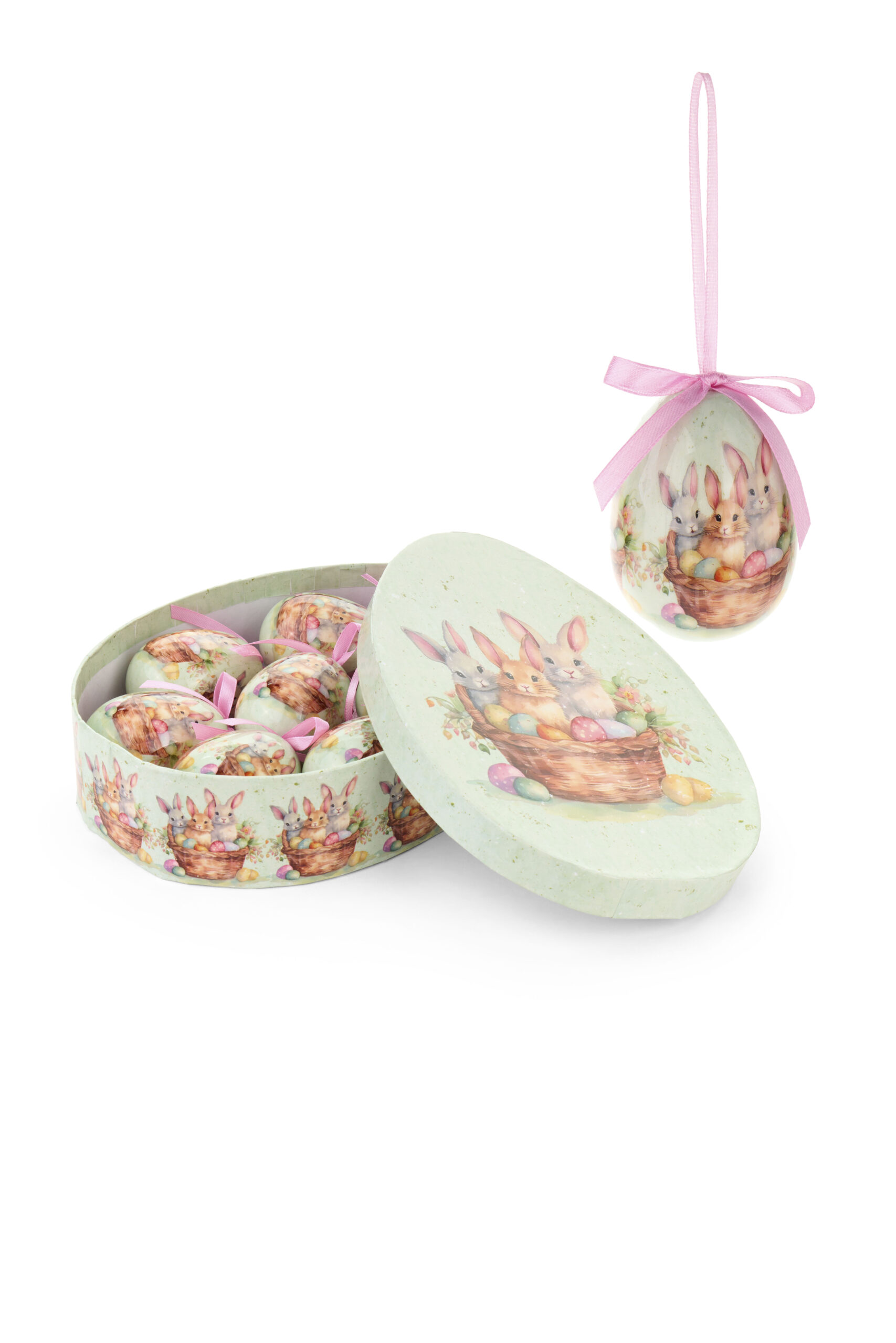 Set di 8 uova pasquali in polistirolo con stampa di coniglietti e nastrino rosa, con scatola regalo illustrata Pepen.