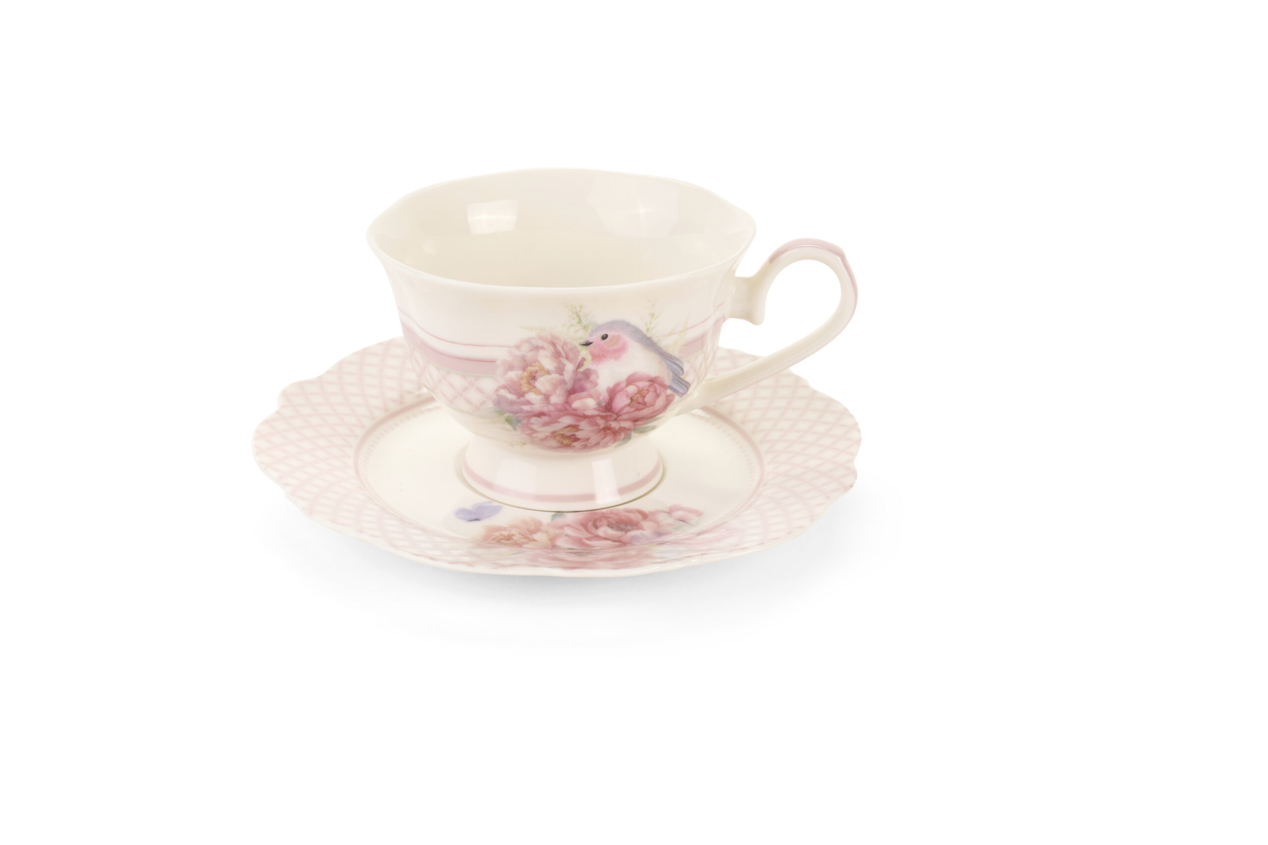 Set di due tazze grandi in porcellana con piattini smerlati, decoro floreale rosa e uccellino, collezione Fiorirà Nuvole di Stoffa.