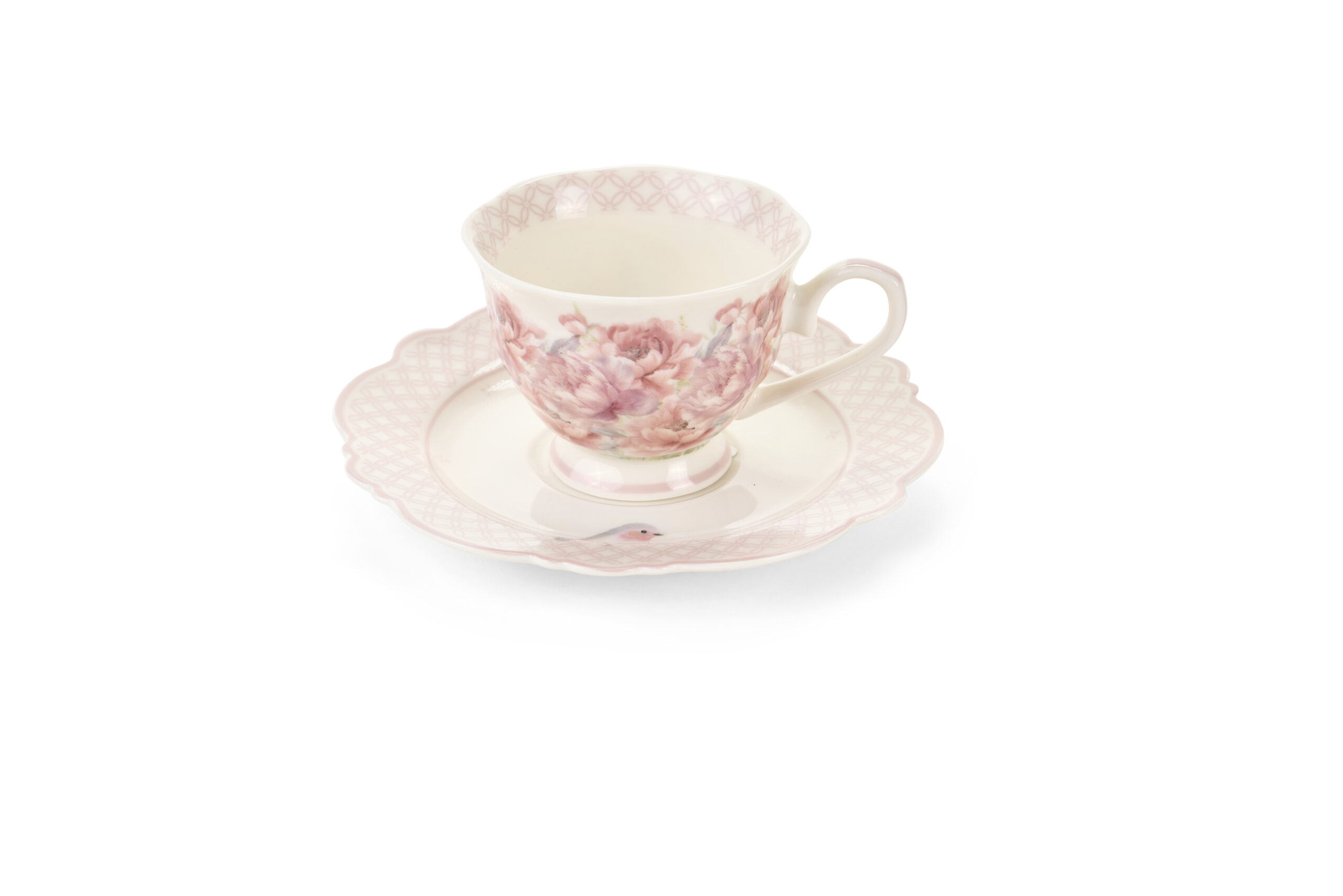 Set di 6 tazzine da caffè in porcellana bianca con stampe assortite di peonie rosa e uccellini, piattini smerlati coordinati collezione Fiorirà.