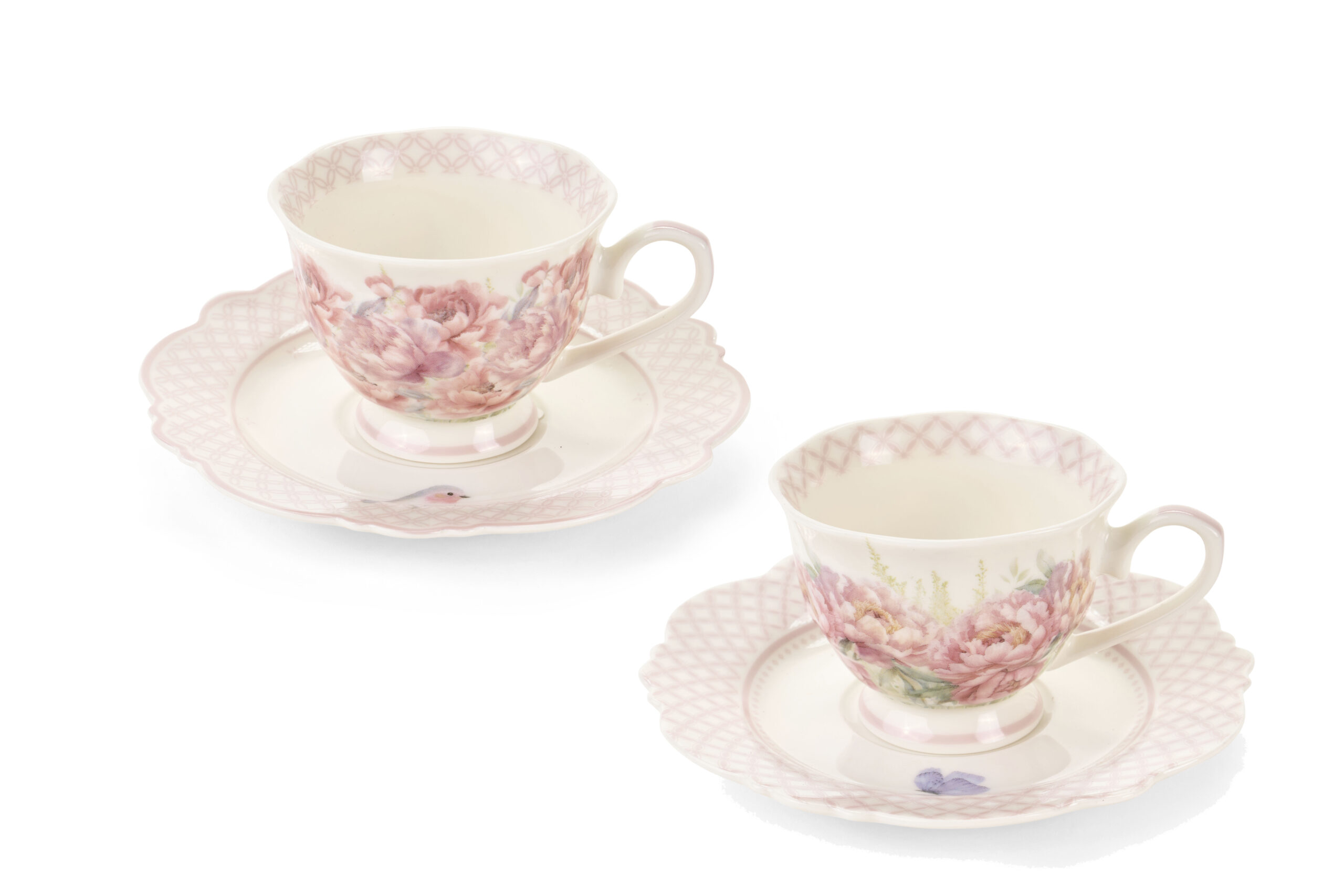 Set di 6 tazzine da caffè in porcellana bianca con stampe assortite di peonie rosa e uccellini, piattini smerlati coordinati collezione Fiorirà.