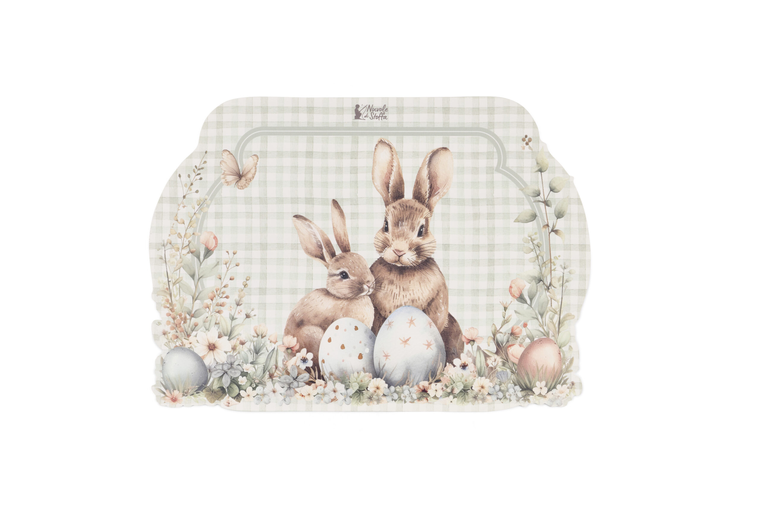 Tovaglietta americana sagomata in vinile con stampa di coppia di coniglietti Pepen e uova di Pasqua su fondo verde salvia.
